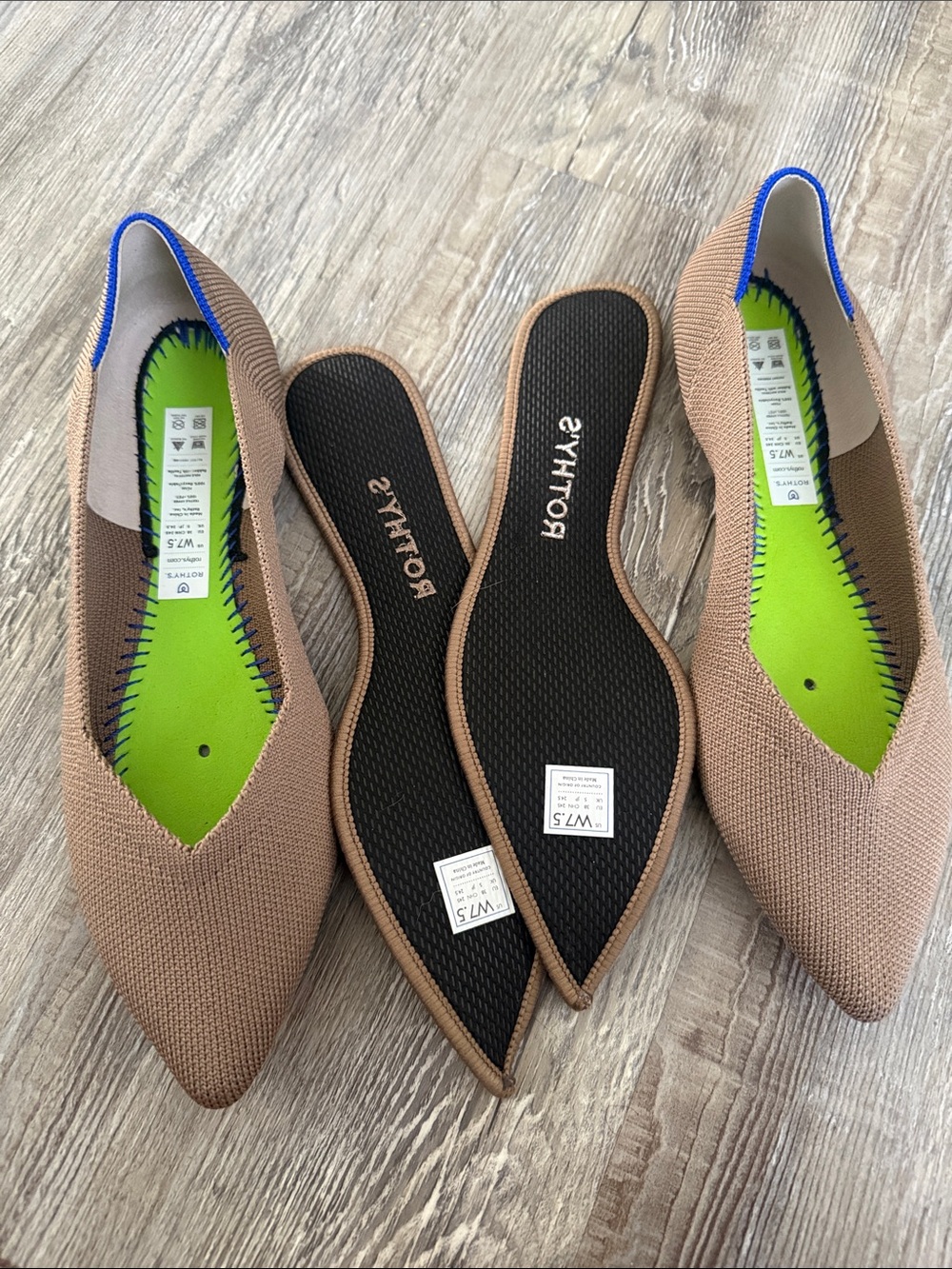 Rothy's Pointed Toe Flats in Taupe with Blue Accent 7.5 - Picture 9 of 9